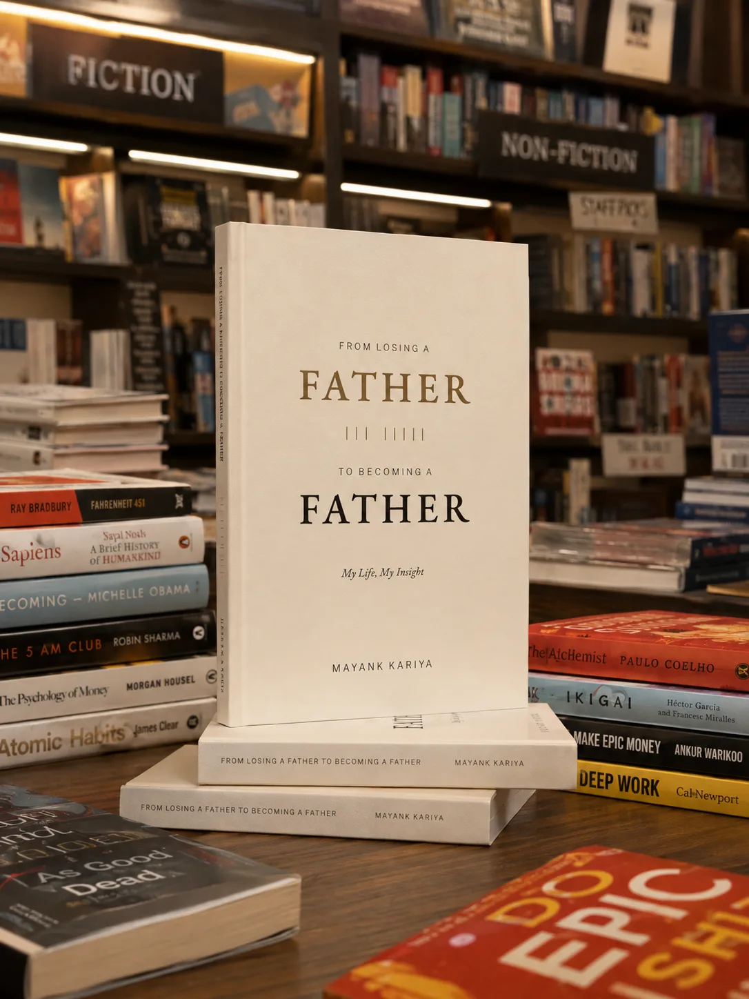 “From Losing a Father to Becoming a Father” on a bookshop table